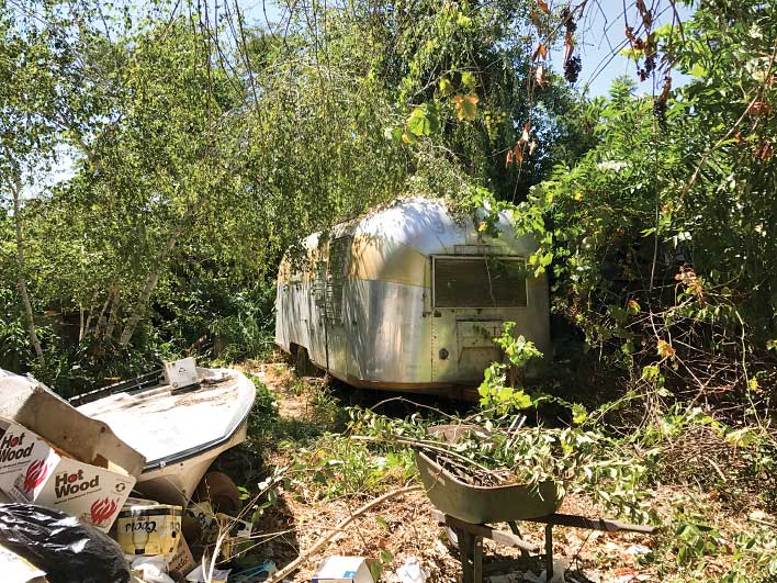 The 1961 airstream before restoration, buried behind bushes and trash