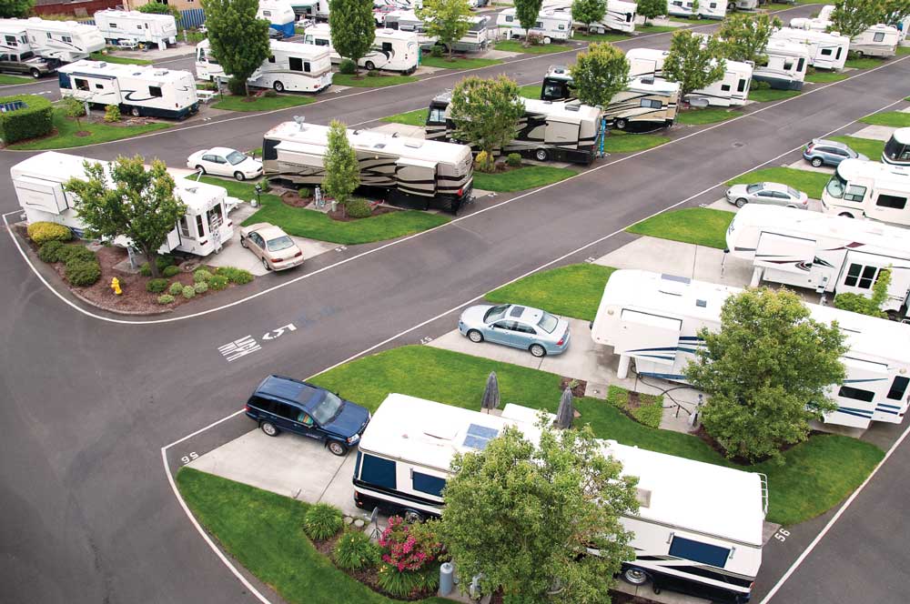 Aerial view of RVs parked in campsites at an RV park