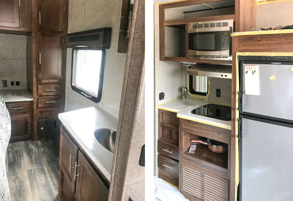 Two photos showing trailer before and during remodel