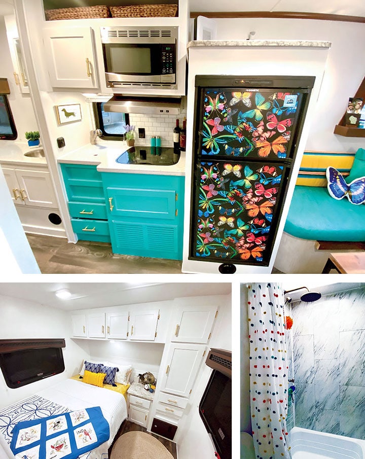 Remodeled Terry Classic kitchen with turquoise cabinets and refrigerator with butterfly print. White walls and cabinets in remodeled bedroom, and new, larger shower with polka-dot curtain.