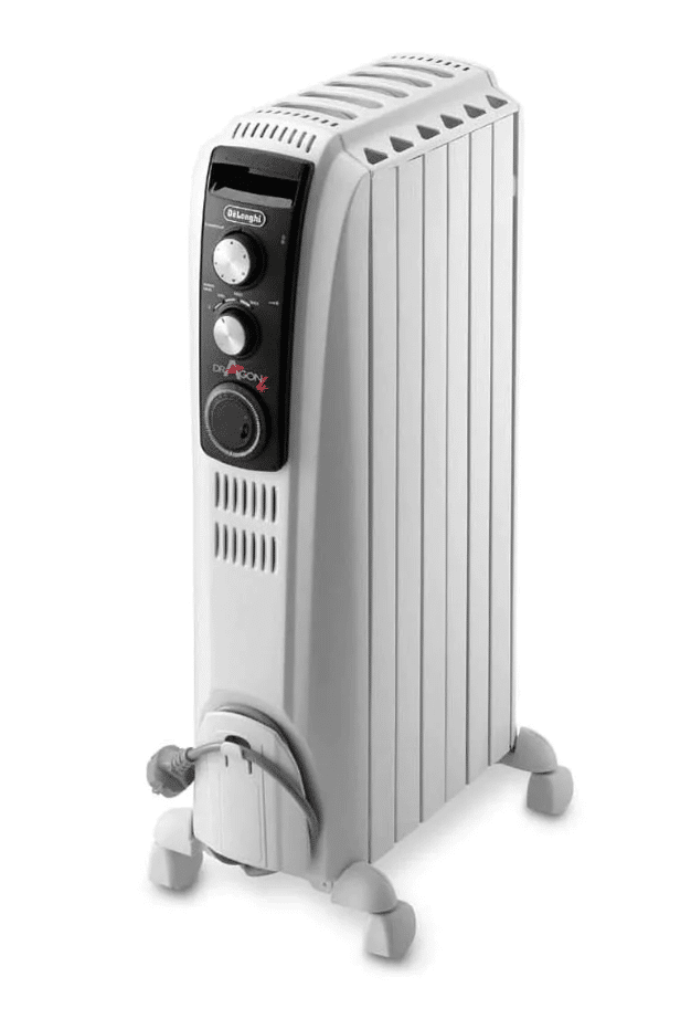Oil-filled radiant heater with a unique “chimney” design provides a rapid flow of hot air that can quickly warm up the whole room. Photo: De’Longhi.com.