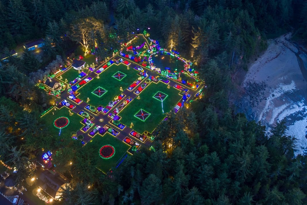 Aerial View of Shore Acres State Park’s seven-acre botanical garden during the Annual Holiday Lights Display