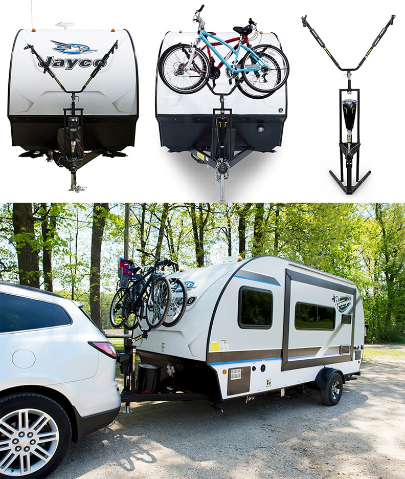 Collage of 4 photos of bike rack on trailer and separately.