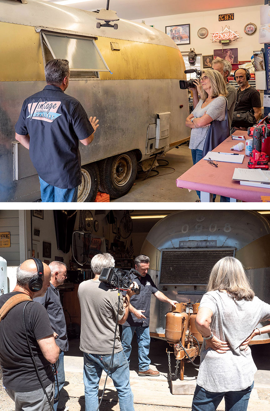 Two views of filming the Ultimate Restorations Golden Airstream episode