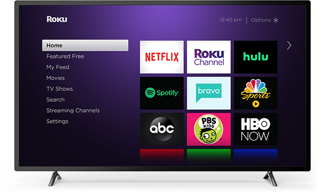 Flatscreen tv showing Netflix, Roku, Hulu and Spotify