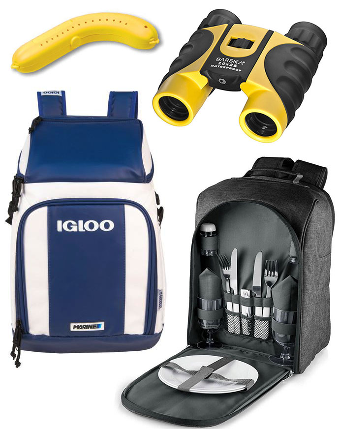 Plastic banana holder, two backpacks and yellow binoculars.