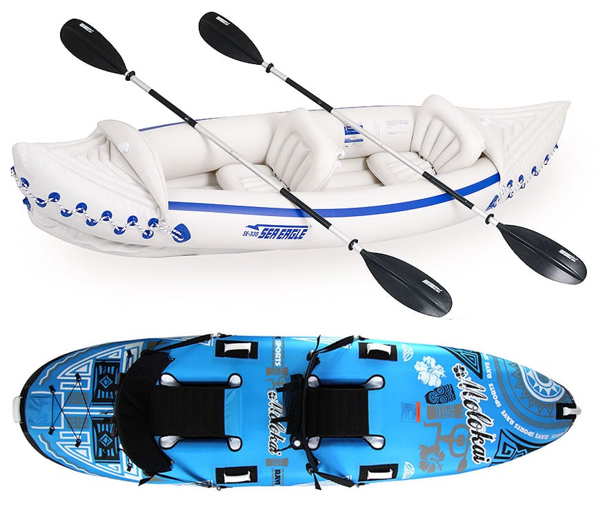 Two inflatable kayaks, one with paddles