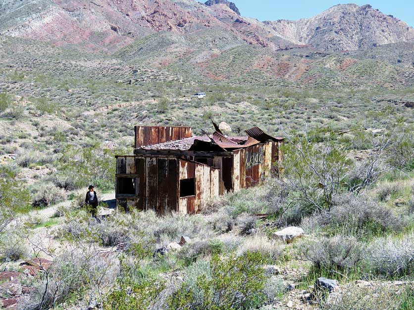 Rusted metal buildings are all that remain of short-lived Leadfield, a mining-town-cum-ghost-town that is reachable from Titus Canyon Road.