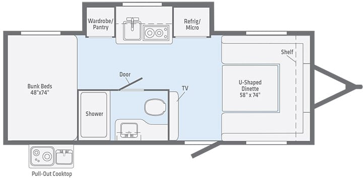 Floorplan illustration of the 2020 Winnebago Minnie Drop 190BH.