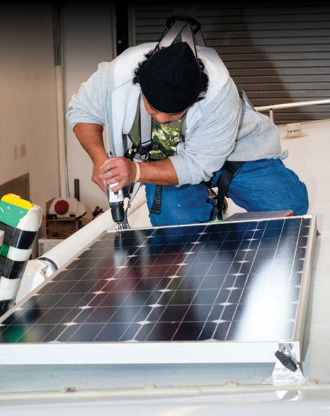 Solar panels can be mounted by drilling into the roof and using screws and/or industrial-strength adhesive tape on flat, smooth surfaces. Most panels for RV use come with mounting hardware and cabling to the combiner box.