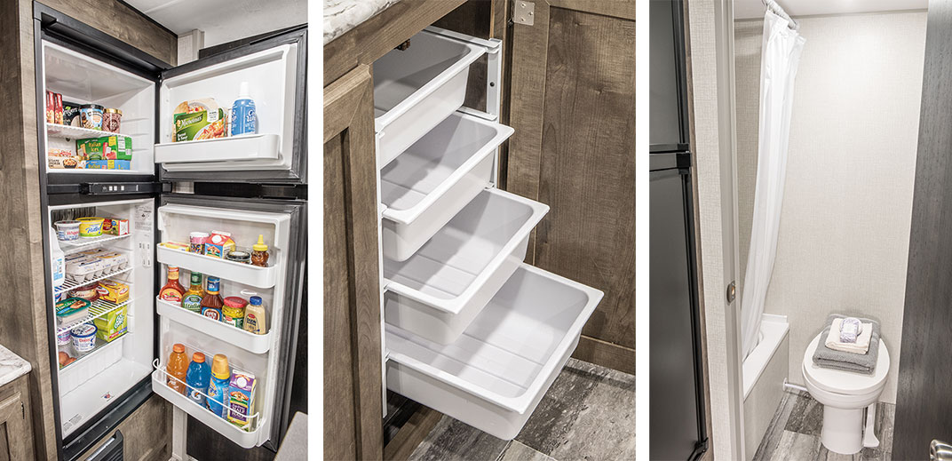 Refrigerator, kitchen drawers and bathroom in Sportsmen Classic 181BH travel trailer.