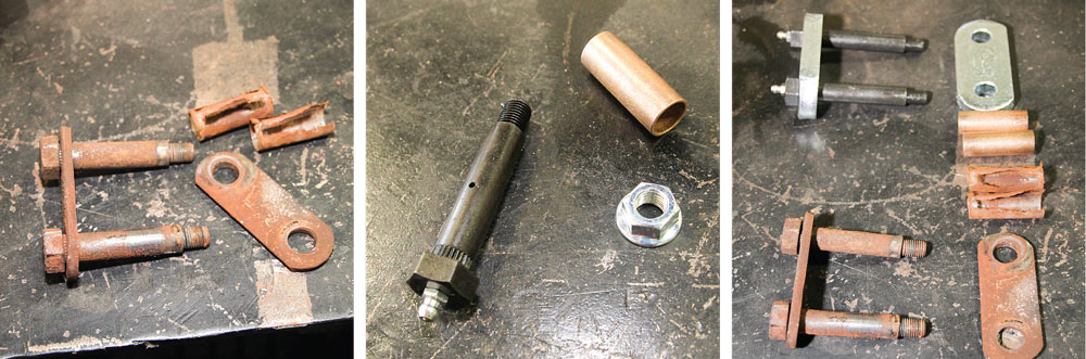 (Above, from left) Removed from a 2013 travel trailer, these nylon bushings have deteriorated, allowing the shackle bolts to elongate the bolt holes in the shackle plate. A greaseable “wet bolt” has a zerk fitting in the head of the bolt and a channel that allows grease to enter the space between the bolt and bushing. MORryde offers heavy-duty components (top set in right photo) to replace worn stock shackles. The MORryde kit includes thicker shackle plates, bronze bushings and wet bolts.