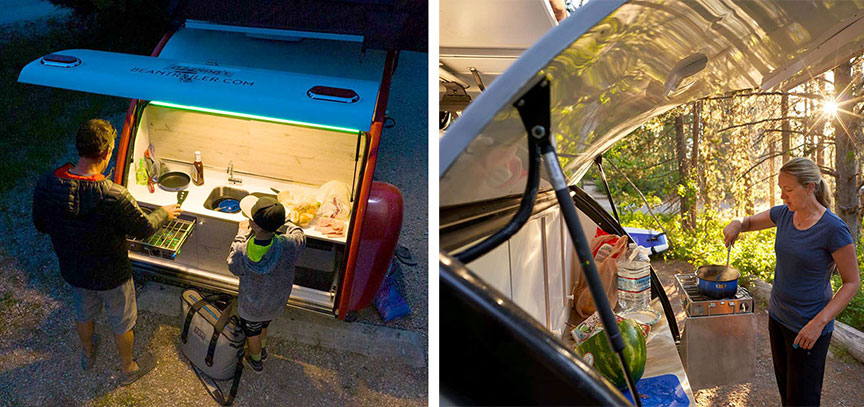 Two views of Classic Bean rear galley at night and daytime.