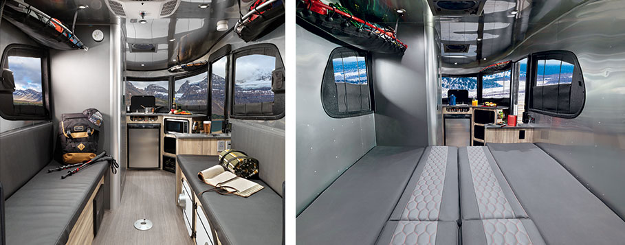 The Basecamp with a view of the bench seating and another view showing the sleeping configuration.