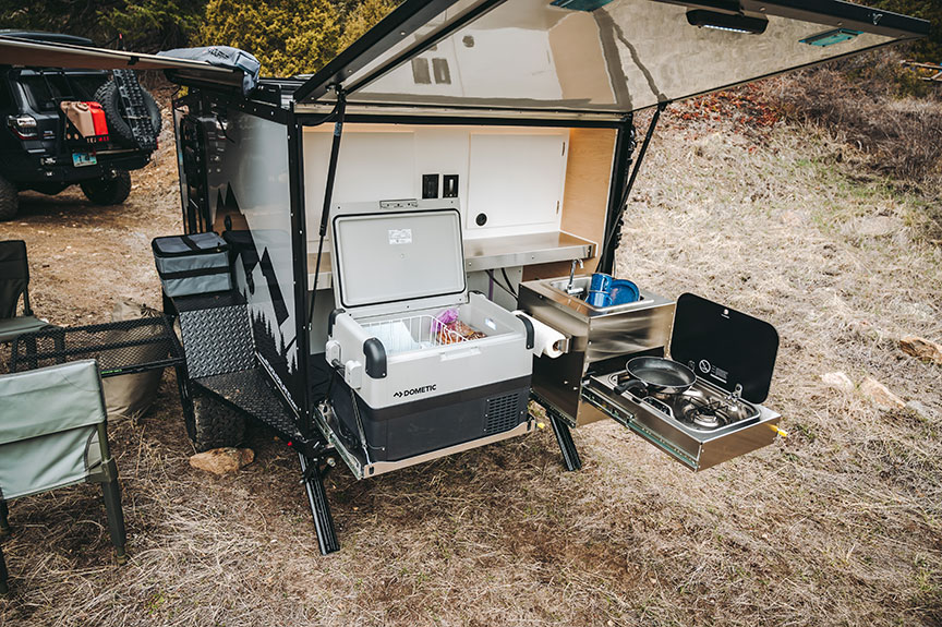 Rear galley of Boreas MX with powered cooler and cook top.