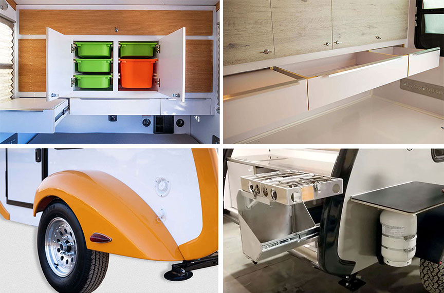 Collage of four Classic Beaner photos showing shelving, drawers, fender and outside options.