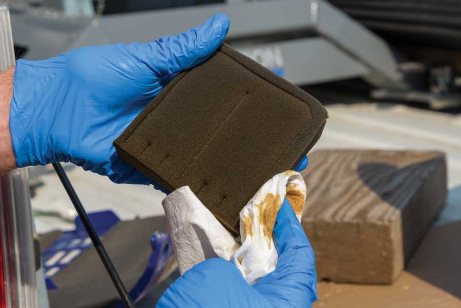 he air filter is a foam pad. If the foam is in good shape, squeeze out excess oil, shake off any dust and wipe it down. If the filter has deteriorated, obtain a replacement from the manufacturer.