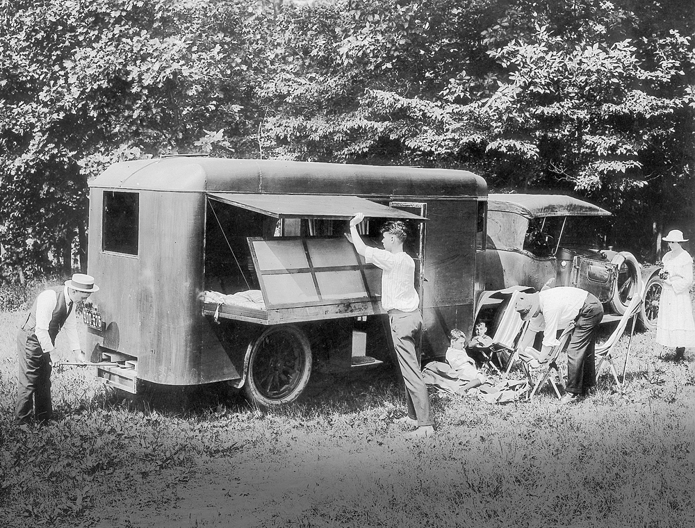Model T owners in the early 20th century hitch up trailers behind their Tin Lizzies or convert them into camping cars.