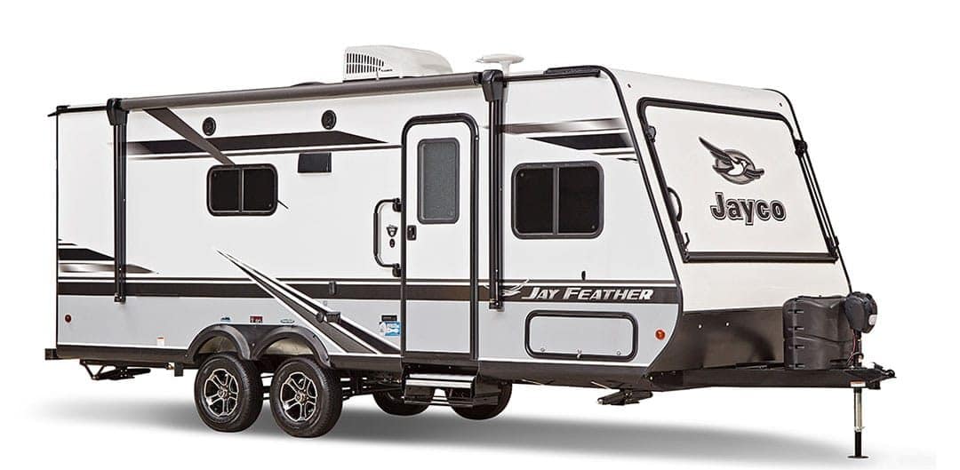 White and gray exterior of Jayco Jay Feather X23B