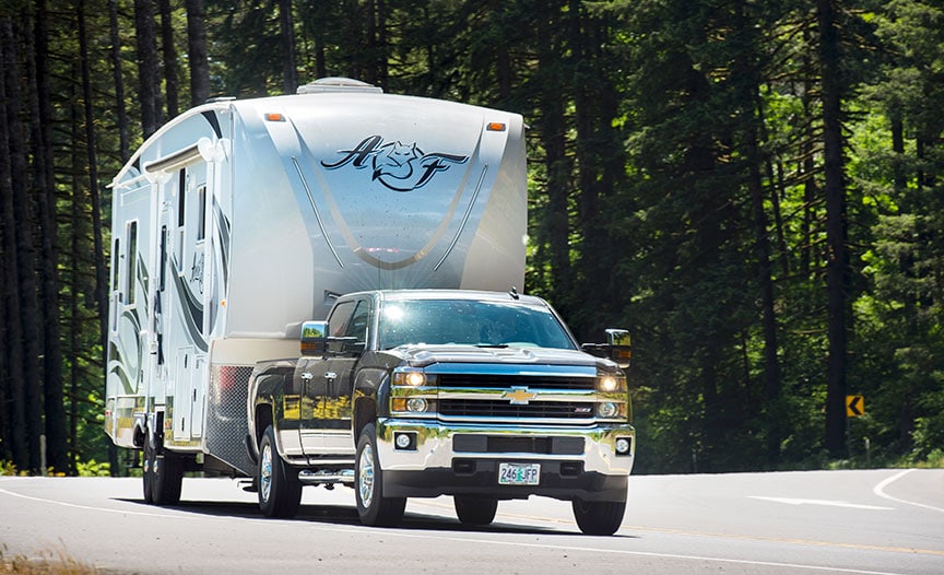 Chevy 2500 pickup towing Arctic Fox fifth-wheel