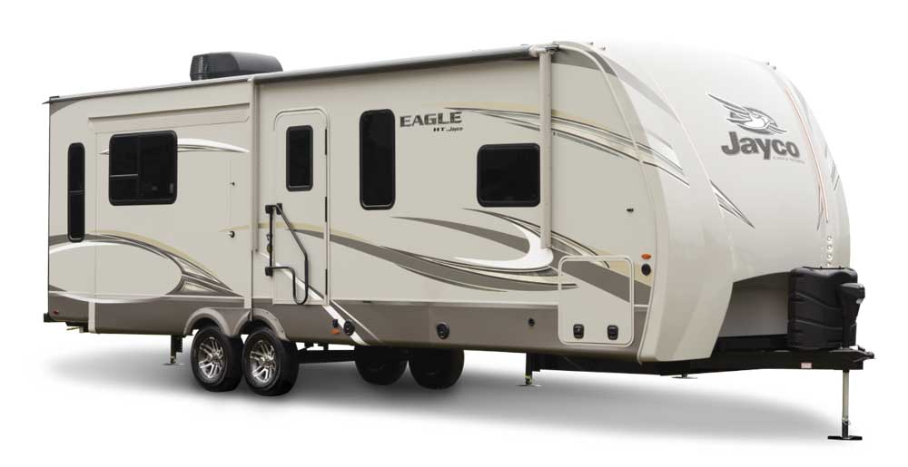 Tan and brown Jayco Eagle HT 270RLDS travel trailer