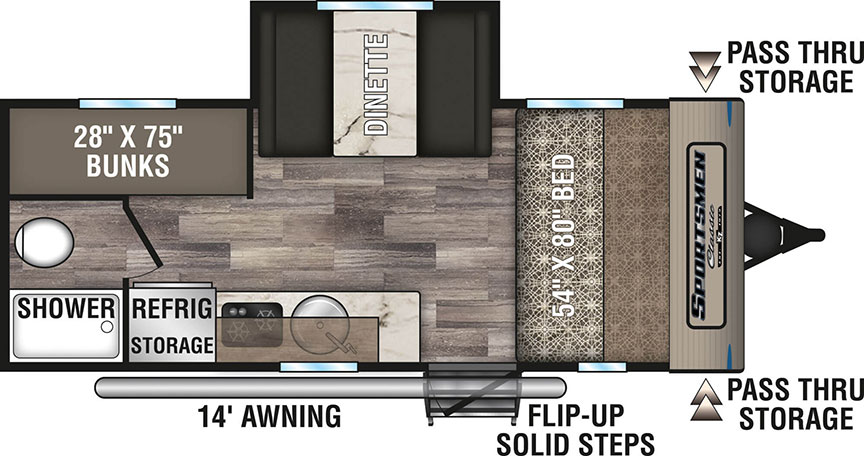 Sportsmen Classic 181BH travel trailer floorplan illustration.