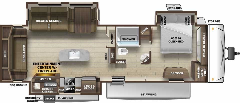 Floorplan illustration for Open Range 332RLS travel trailer