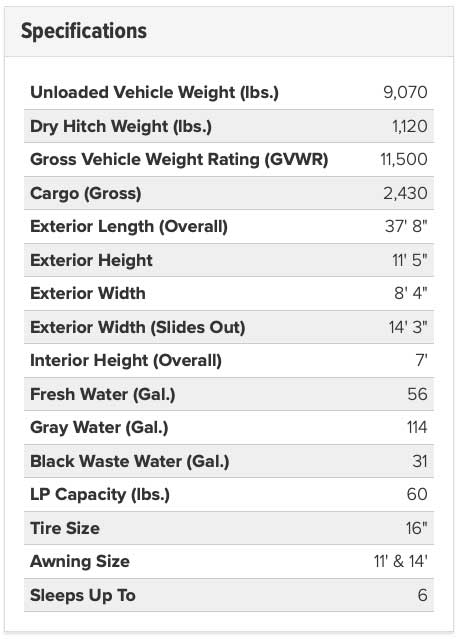 Specifications list for Open Range 332RLS travel trailer