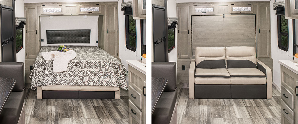 Two views showing Murphy bed down on left and up on right.