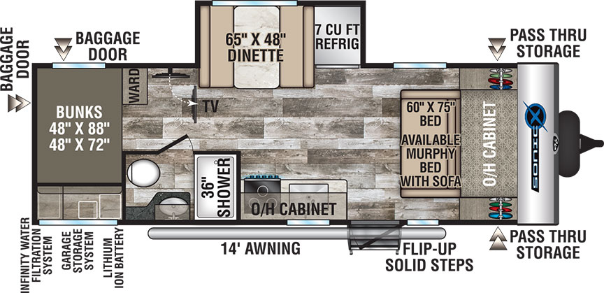 Sonic X floorplan showing Murphy bed up front and bunks in back