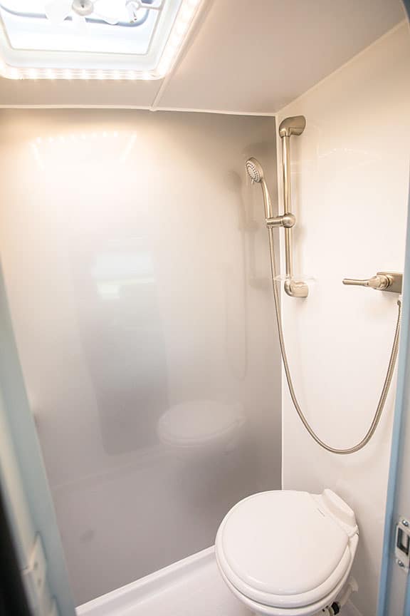 Shower with adjustable showered in inTech Sol Horizon trailer
