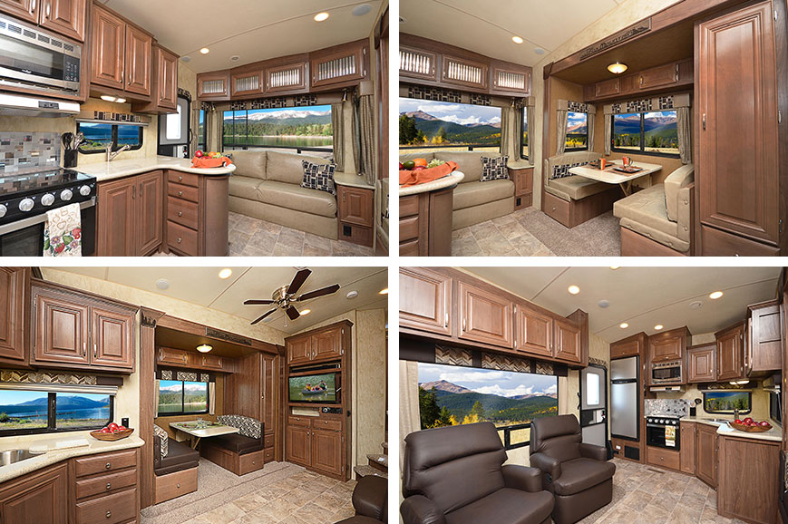 Four interior views of two Northwood fifth-wheel models