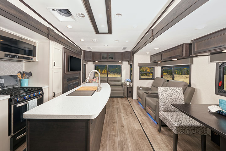 Galley and living area of Highland Ridge Roamer fifth-wheel 