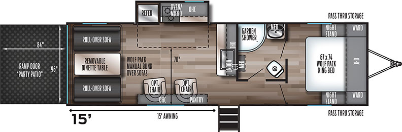 Floorplan illustration of toy hauler showing front bedroom and rear sofas and table.