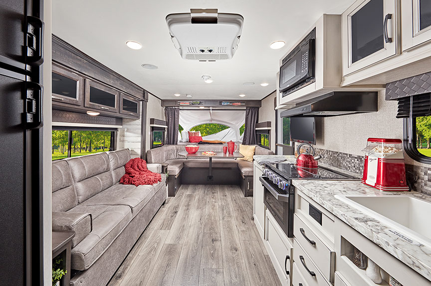 Interior of the Jayco Jay Feather X23B looking toward the front.