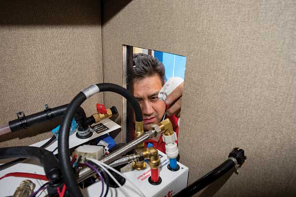 31) After connecting the LP-gas line, a test for leaks is performed. Once the install is complete, a full-system leak down test should be completed.