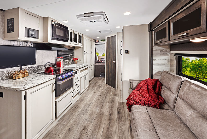 Interior of the Jayco Jay Feather X23B looking toward the rear.