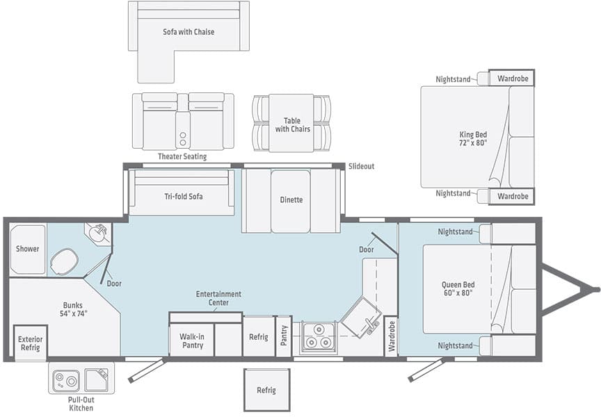 Floorplan of Voyager trailer showing optional offerings.