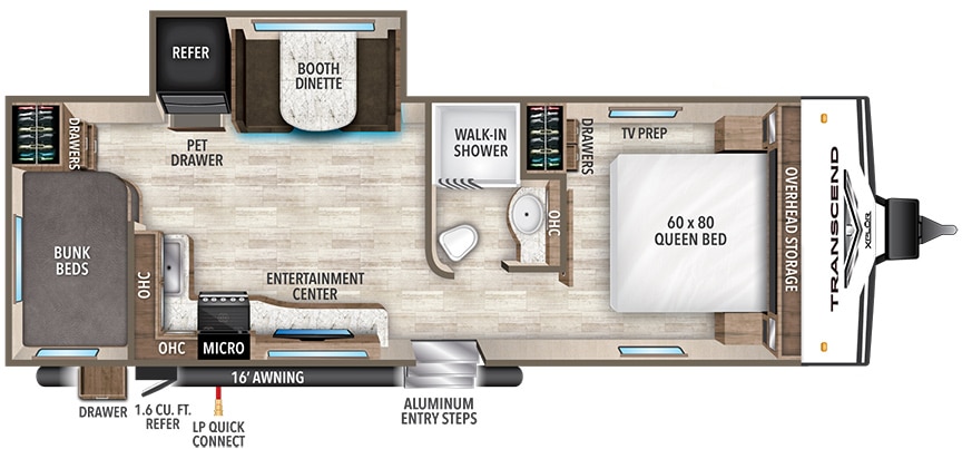 Floorplan of Grand Design Transcend Xplor 243BH showing one slideout and pass-through storage.