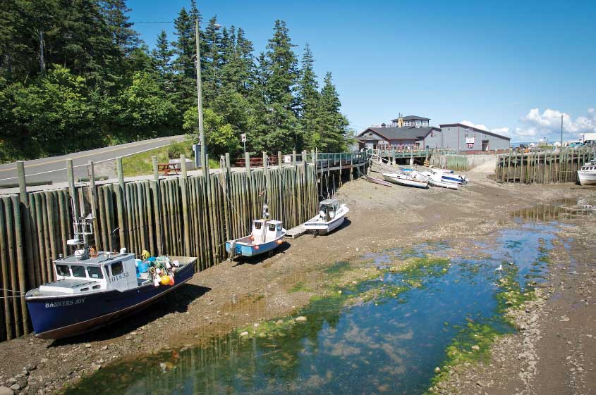 In Nova Scotia, on the shores of the Bay of Fundy, low tide strands fishing vessels in the picturesque community of Hall’s Harbour.