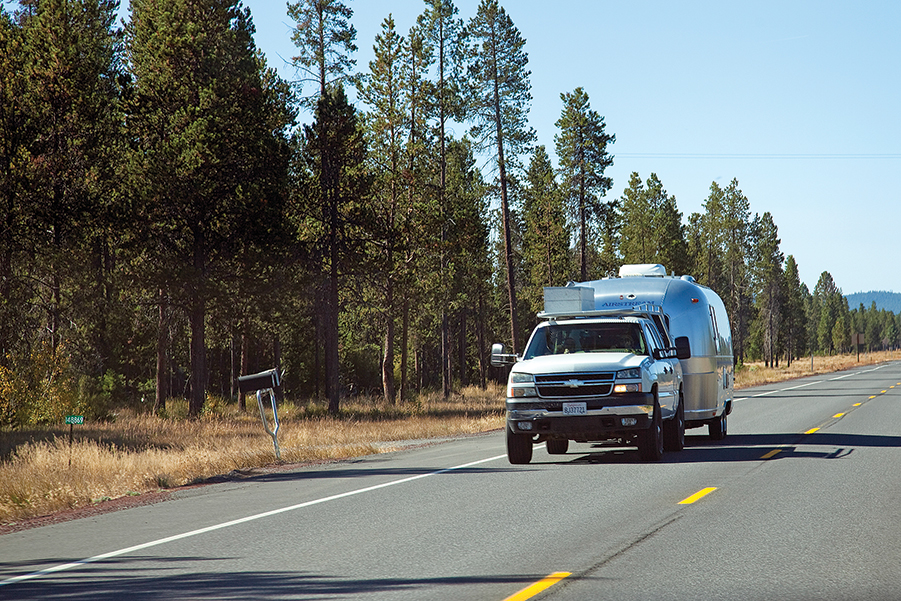 Near Bend, central Oregon’s largest city, an Airstream trailer rolls down Route 97. 