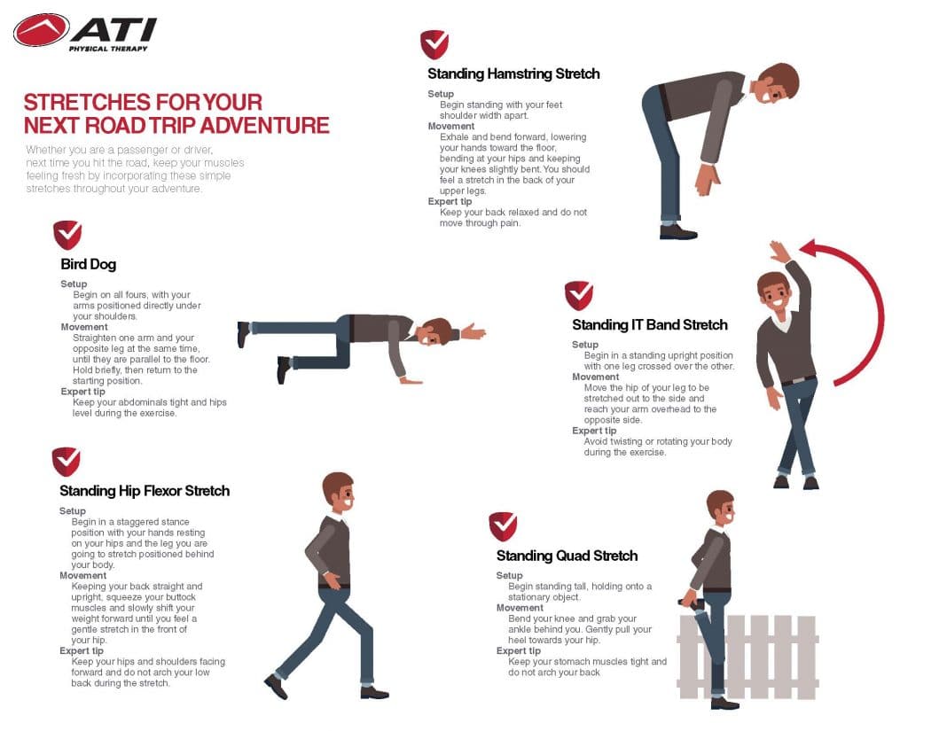 Stretches for your next road trip; bird dog, standing hamstring stretch 