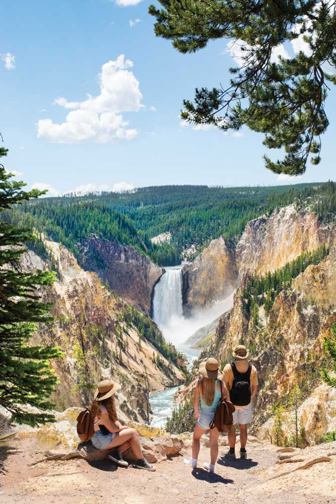 Visitors to Yellowstone view the falls from roadside overlook
