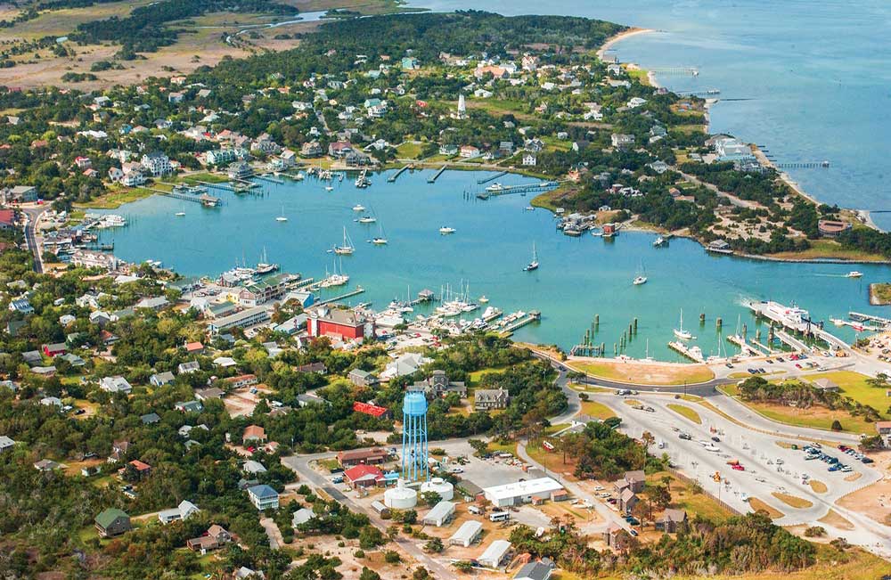 This aerial view of Ocracoke illustrates the village’s beach-centric vibe, including shopping, restaurants and water-based activities. 