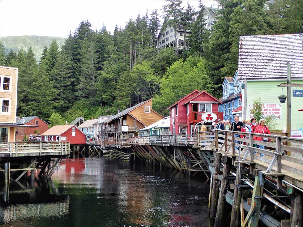 In Ketchikan, a picturesque boardwalk on wooden pilings leads to shops