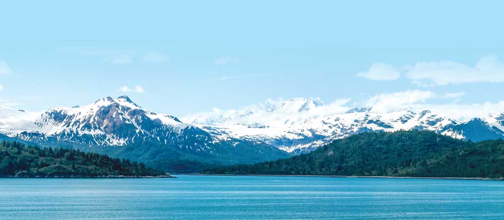 spectacular views of snowcapped mountains and pine trees over water