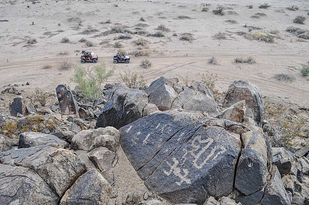 Petroglyphs decorate the rocks on numerous remote hillsides north of Gila Bend that snowbirds can see when they explore the desert in their off-road vehicles.