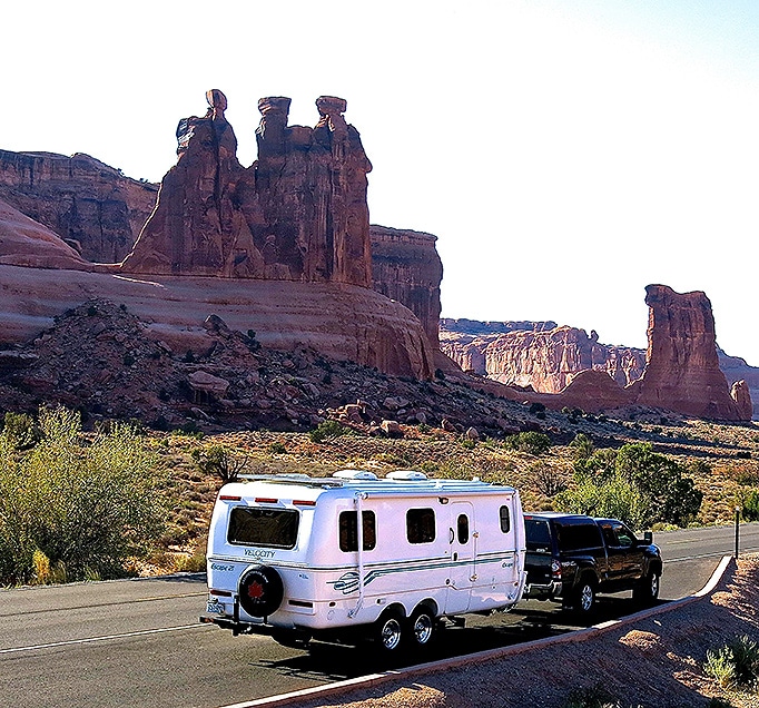 An Escape trailer on the road in Moab, Utah.