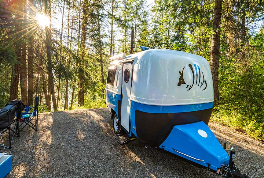 Blue, white and black Armadillo fiberglass trailer