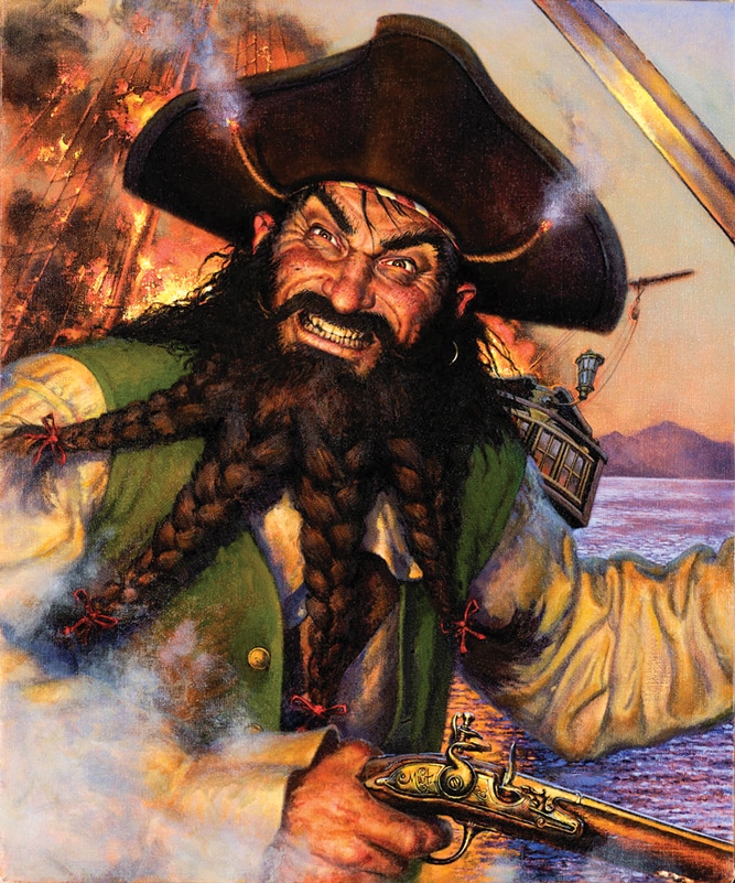 This painting of Blackbeard was created by Don Maitz, whose most recognized work is the Captain Morgan Spiced Rum character. 